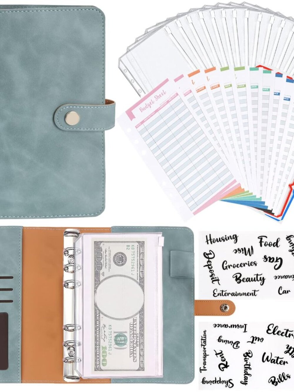 A6 Budget Binder, Soft PU Leather Notebook Binder Planner Cover with 16 Pockets